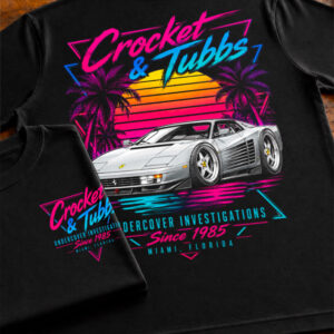 Retro Miami Ferrari Shirt with silver exotic sports car, neon sunset, palm trees, and Crocket & Tubbs front and back graphics