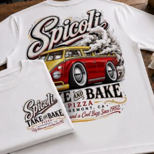 Fast Times Spicoli Van Shirt with red and yellow retro VW bus pizza graphic on white T-shirt
