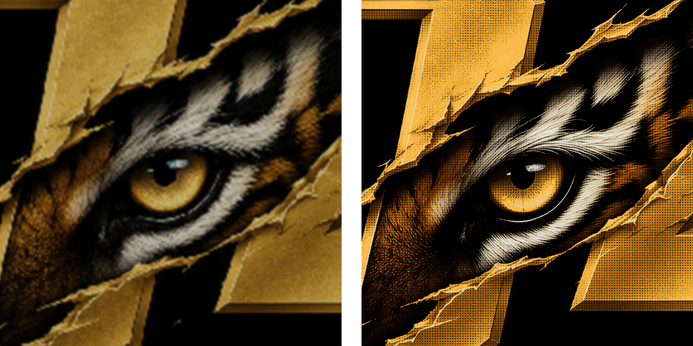 Original and optimized tiger eye artwork prepared for custom T-shirt printing