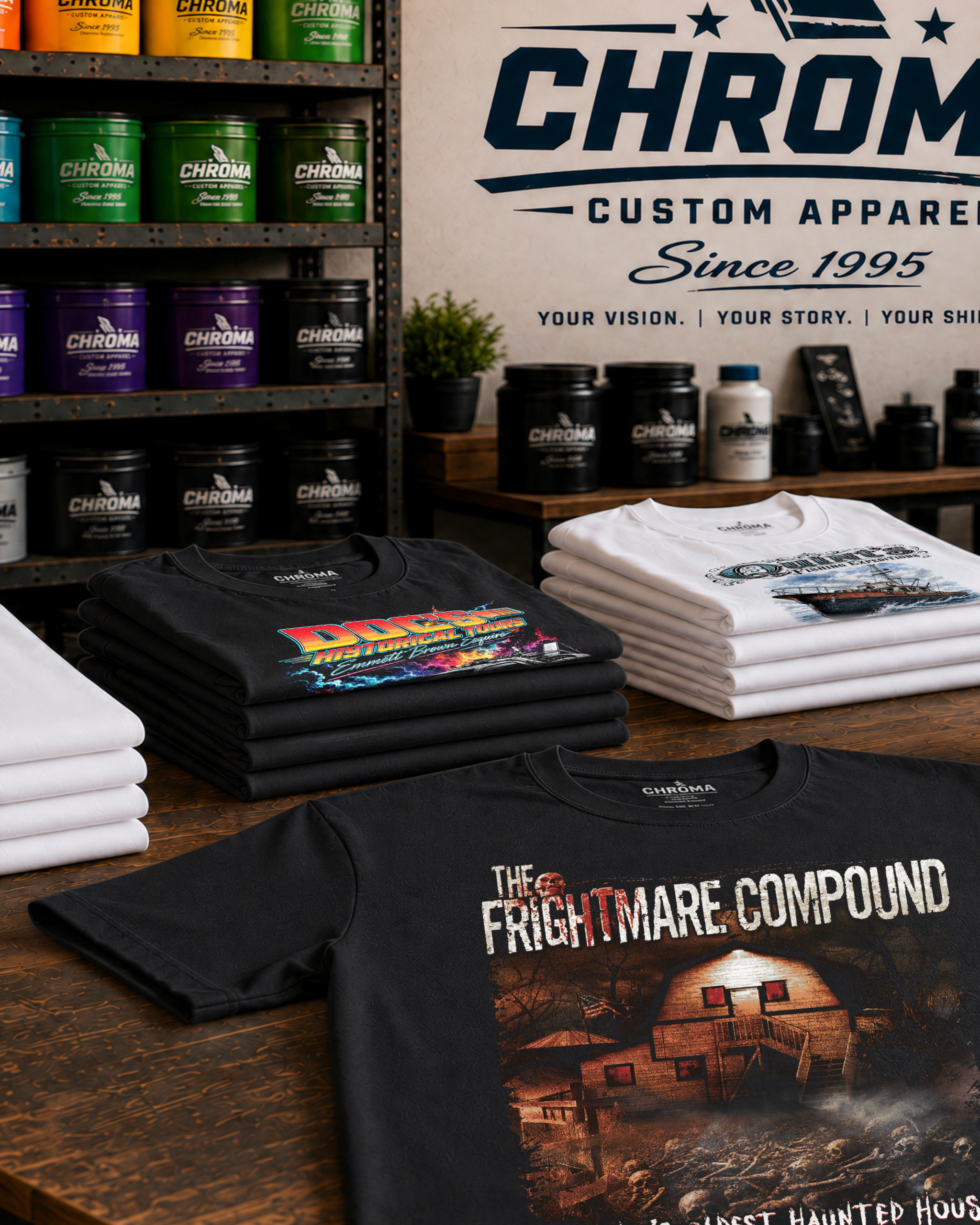 Custom T-shirt printing featuring detailed artwork on black and white shirts